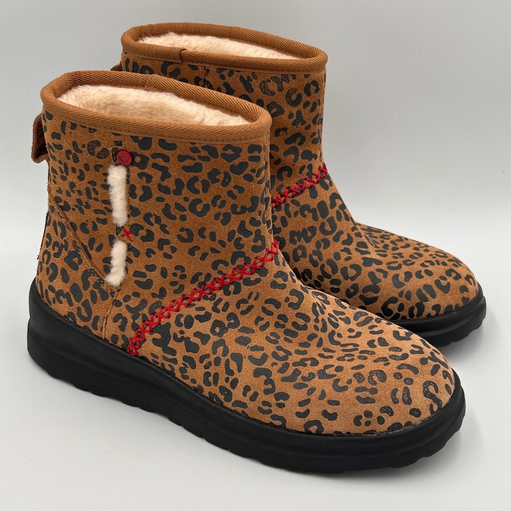 I LOVE UGG Leopard Print Mini Boots Red Whipstitch Tan Black 1006208 Womens 6